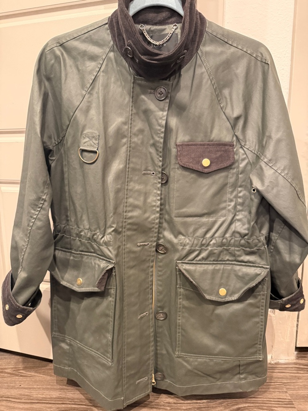 J. Crew Olive Green Jacket with Brown Corduroy Collar